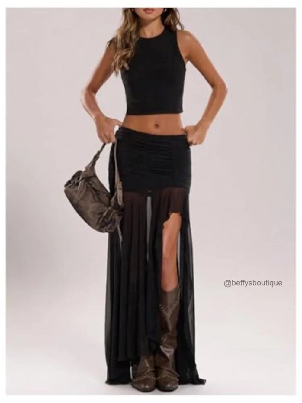 Sheer Mesh Pleated Asymmetrical Maxi Skirt High Slit Bodycon